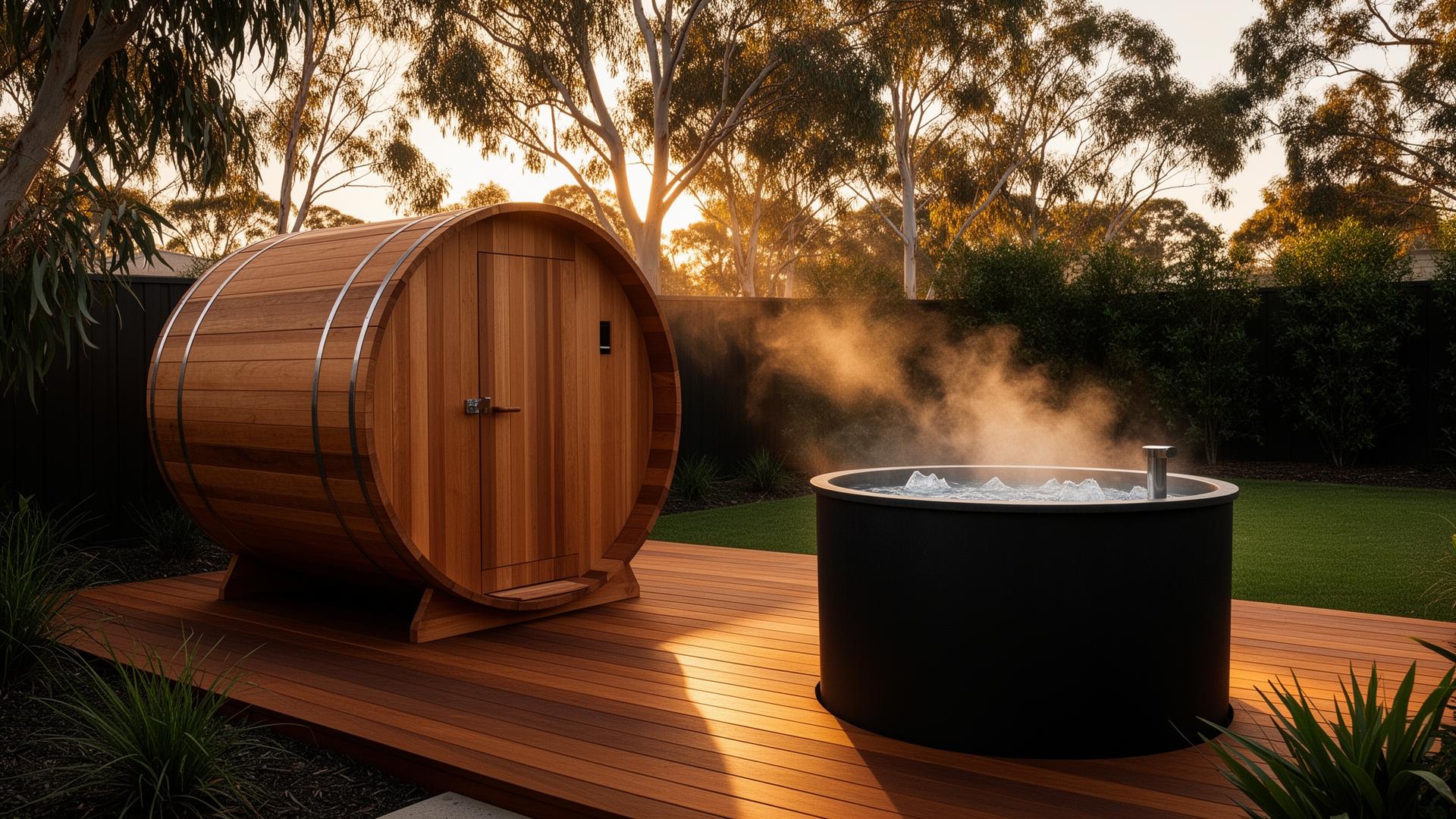 Cedar barrel sauna and cold plunge on a Perth backyard deck at golden hour